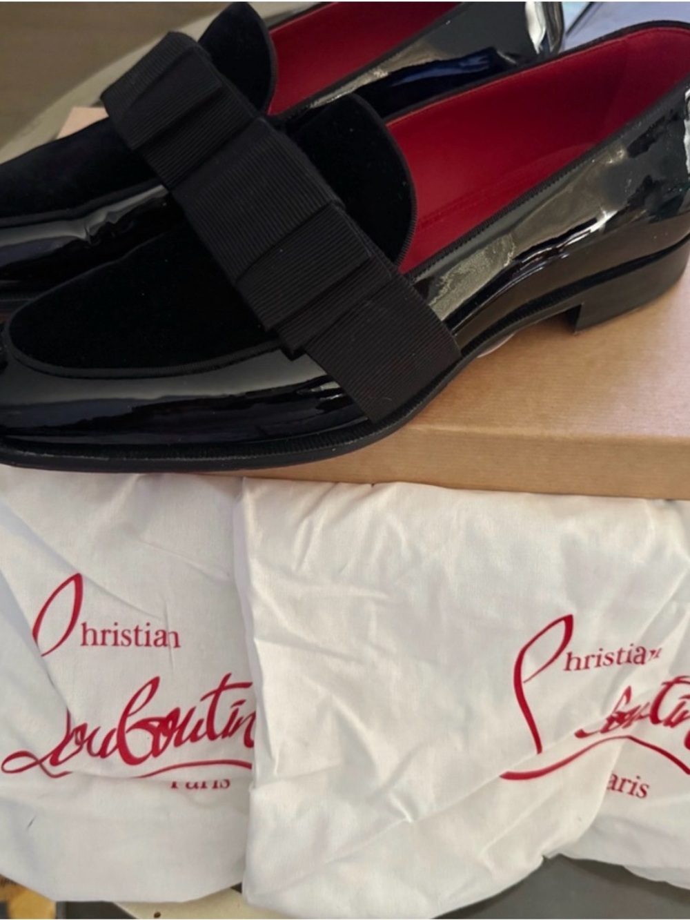 Christian Louboutin Black Patent & Velvet Ribbon Loafers with Red Lining